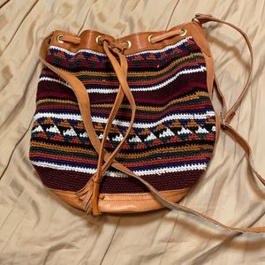 Boho Crochet Bucket Bag with Tan Leather Trim